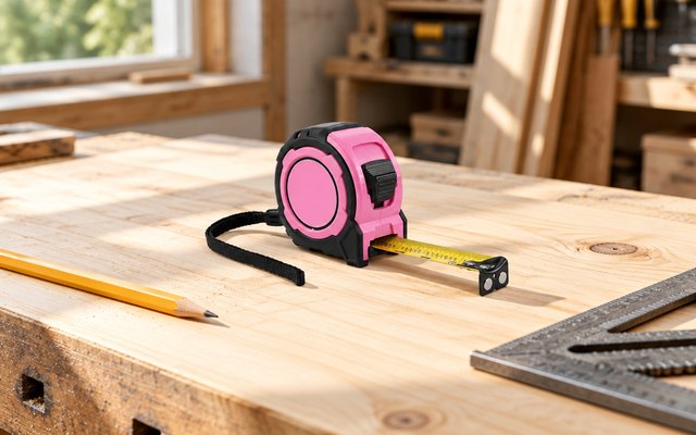 WORKPRO 25 ft Magnetic Tape Measure, pink tape measure with its blade partly pulled out, lying on a light wooden board on a workbench beside a pencil and a carp