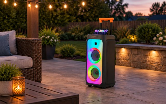 HWWR T8 karaoke party speaker, on a backyard patio at dusk with string lights overhead