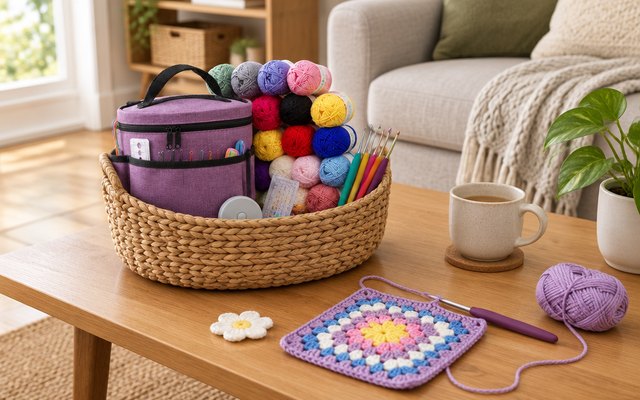 Katech crochet kit, in a woven basket on a wooden coffee table