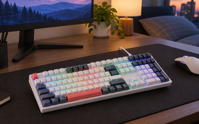 Redragon K668 keyboard on a dark desk mat in a bedroom gaming setup, evening light