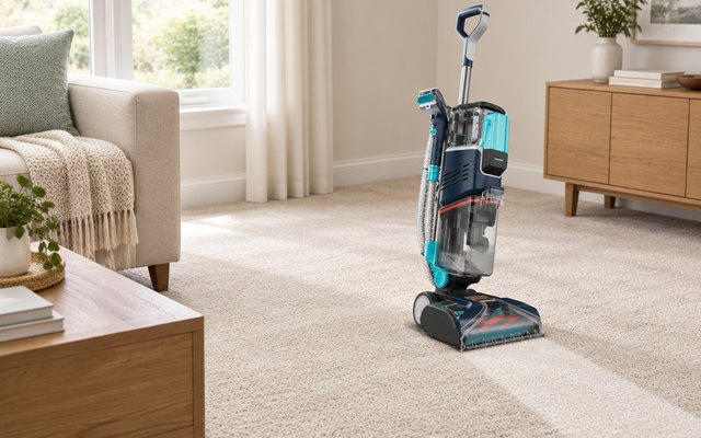 Upright carpet cleaner standing on a cream living room carpet, a freshly cleaned stripe through the pile