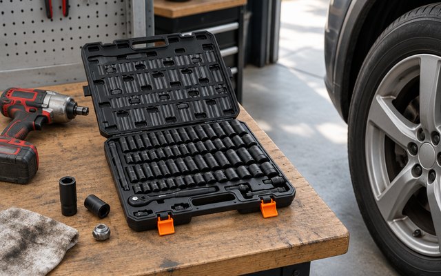 VEVOR 65-piece impact socket set, on a garage workbench beside a cordless impact wrench and a car wheel