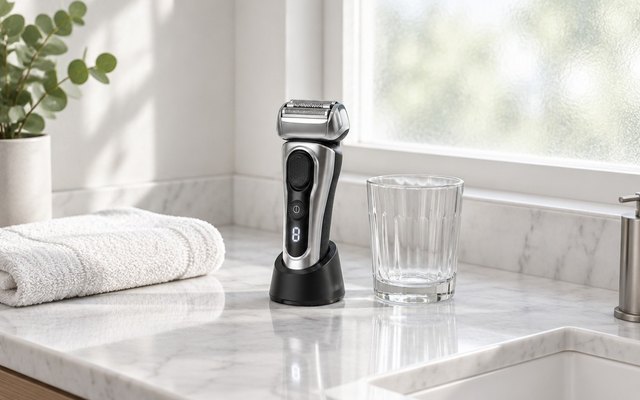 Silver foil shaver in its charging stand on a marble bathroom counter