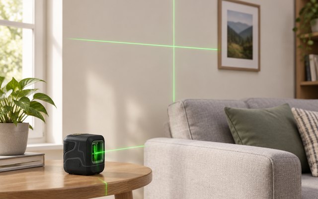 Fanttik D2 pocket laser, on a living room side table, the green cross on the wall above a sofa where a picture will hang