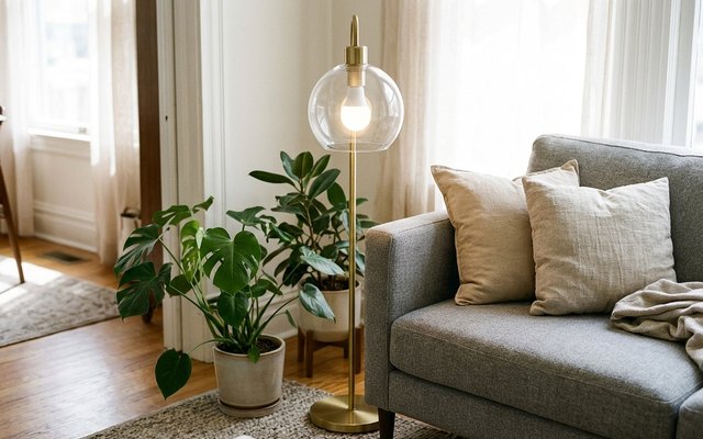 A white smart bulb glowing warm white in a glass globe floor lamp beside a sofa