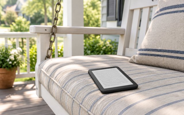 Kindle Paperwhite e-reader, lying on the cushion of a porch swing on a front porch