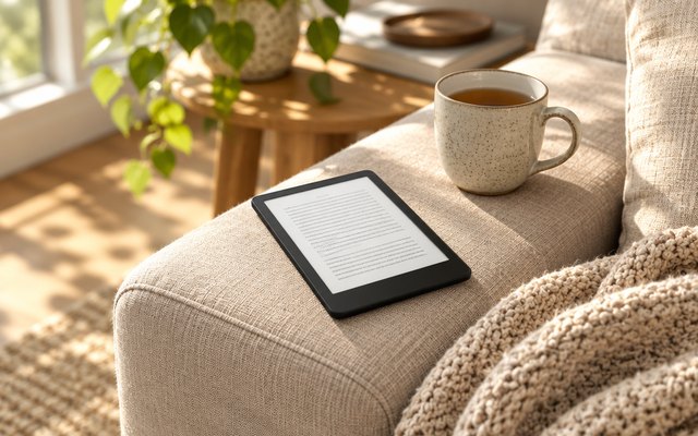 A black e-reader lying on the arm of a linen sofa beside a mug of tea