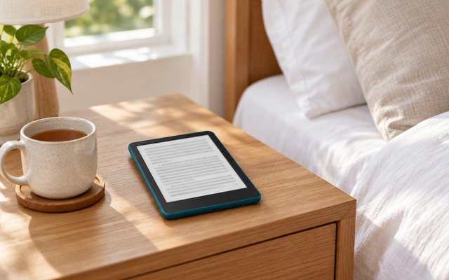 Kindle Paperwhite Signature Edition e-reader, on a nightstand beside a mug of tea in a bright bedroom