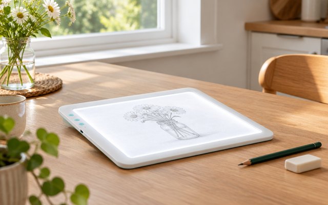 TOHETO A4 light pad, lit on a kitchen table by a window with a pencil sketch on it