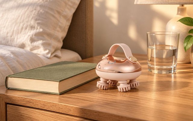 Handheld electric scalp massager on a bedside table beside a book and a glass of water