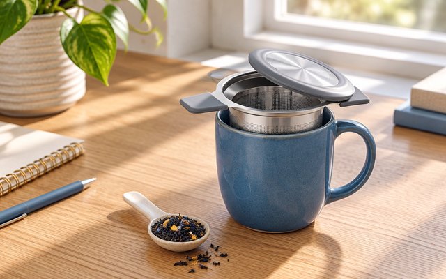 Ohtomber tea basket across a mug on a desk