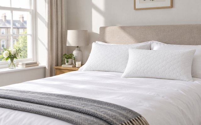 Slumberdown Rebound pillows, on a made bed in a sunny bedroom