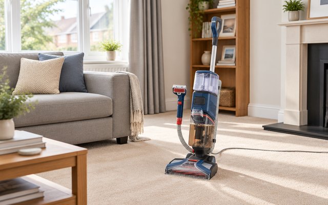 Shark CarpetXpert carpet cleaner, standing on a freshly cleaned beige carpet in a bright British living room with a grey sofa