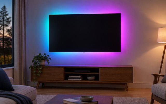 A soft coloured glow behind a wall-mounted TV