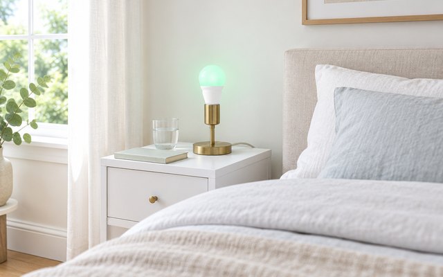 Amazon Basics color smart bulb glowing green in a shadeless bedside lamp