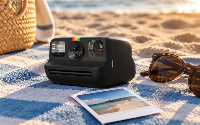 Polaroid Go Generation 2 Instant Camera, small pocket instant camera resting on a beach towel with sunglasses, late afternoon sun