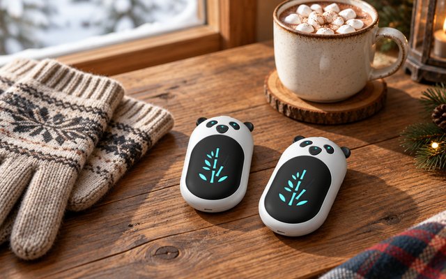 AaoLin panda hand warmers, on a wooden cabin table beside knit gloves and a mug of hot cocoa