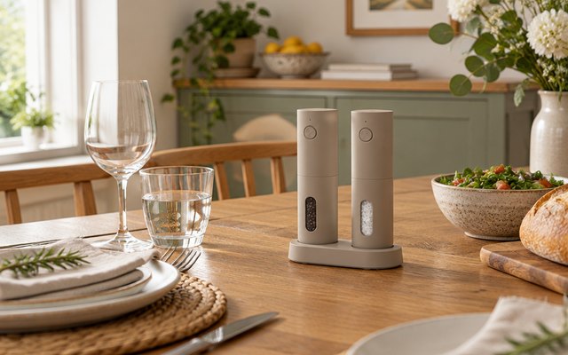 Electric salt and pepper mills, on a dining table set for dinner in a British home