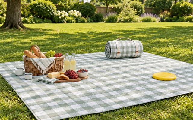 G GOOD GAIN picnic blanket, on a big backyard lawn with a picnic spread and a flying disc