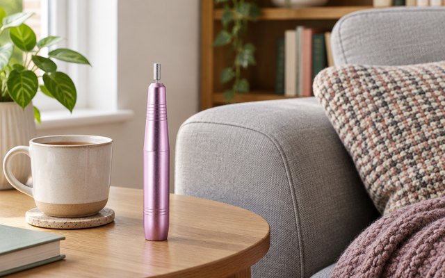COSLUS C40 nail drill, on a side table next to a sofa in a cosy British living room, a cushion and a mug of tea nearby