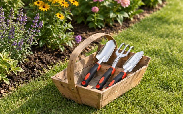 Mecheer garden tool set, in a wooden garden trug on a lawn beside flower beds