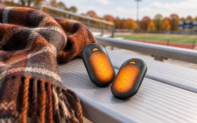 POMPONGO hand warmers, resting on a stadium bleacher seat beside a wool scarf on a cold fall afternoon
