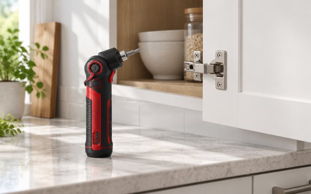A red-and-black cordless screwdriver with a pivoting head on a kitchen counter beside an open cabinet door and its hinge