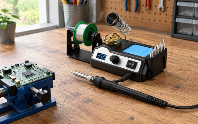 Preciva 927II soldering station, on a wooden garage workbench beside a circuit board held in a small vice