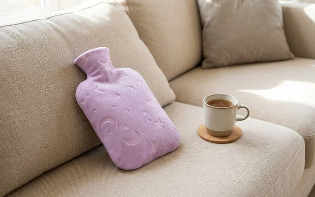 Hot water bottle in a lilac cover with moons and stars, resting on a sofa beside a mug of tea