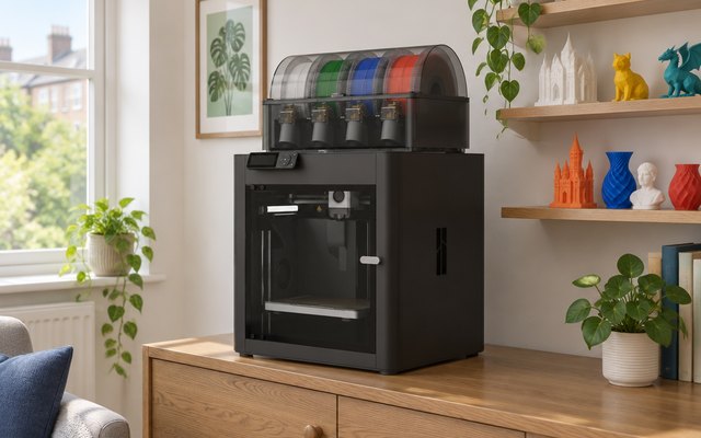 Bambu Lab P1S 3D printer with its filament unit on top, on a sideboard in a bright spare room