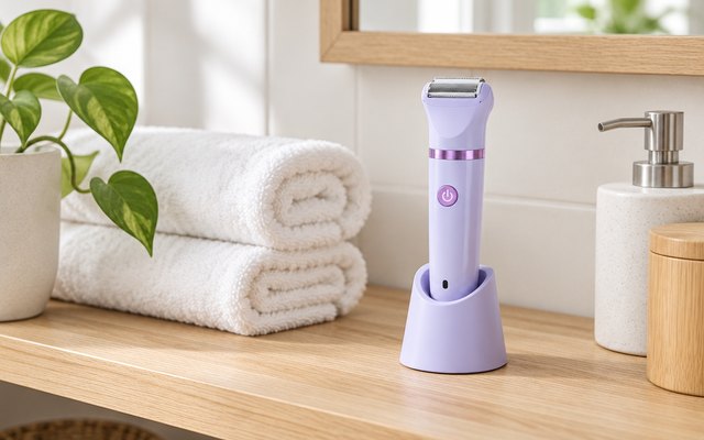 Ufree 3-in-1 trimmer, on a light wood bathroom shelf beside rolled towels
