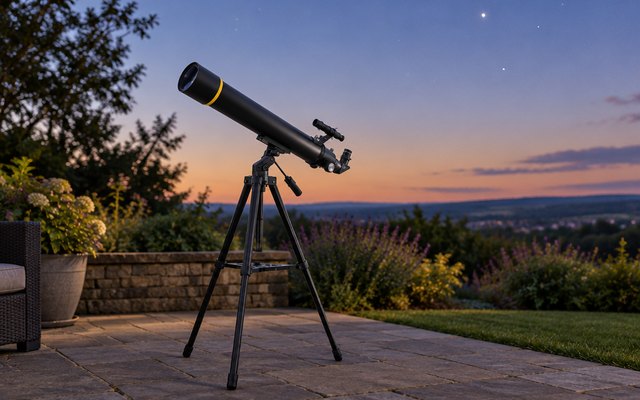 SOLOMARK 80mm refractor telescope, set up on a stone garden patio at twilight, pointing up at the sky
