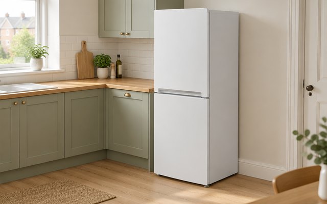 Fridge freezer, fitted in the corner of a British kitchen with oak worktops