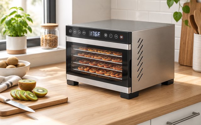 Cosori Premium Mini 5-Tray Stainless Steel Food Dehydrator, compact stainless steel food dehydrator on a small apartment kitchen counter beside a cutting board