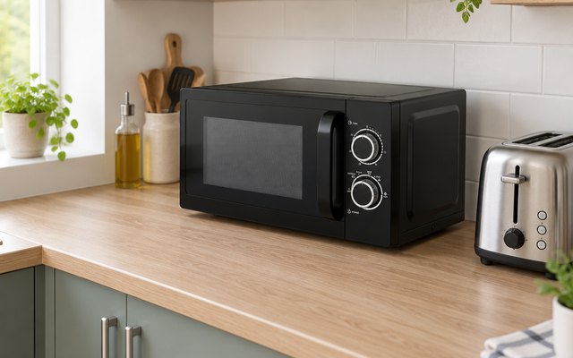 Tower 20L microwave, on a worktop in a compact flat kitchenette beside a toaster