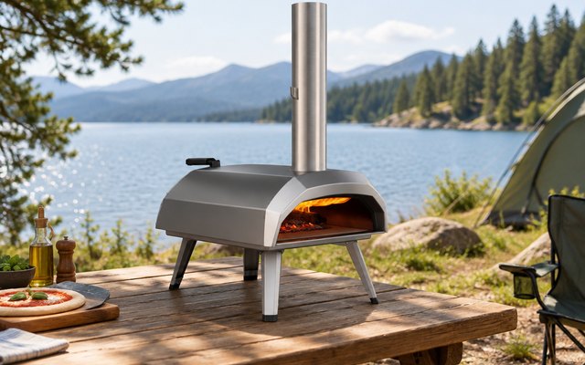 Ooni Karu 12 pizza oven, on a wooden table at a lakeside campsite, flames glowing inside