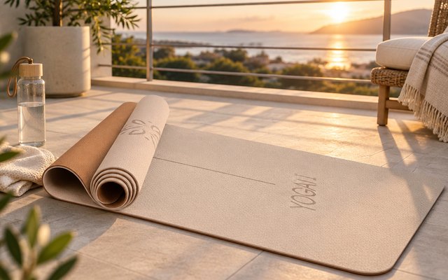 YOGATI Yoga Mat with Alignment Lines, unrolled on a balcony at sunrise