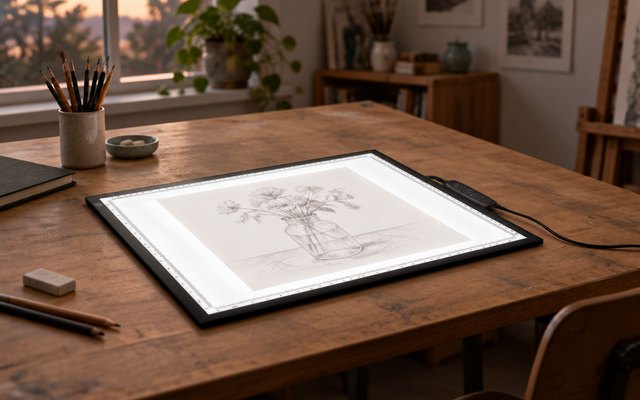WELZK A2 light pad, on a large drafting table in a home art studio