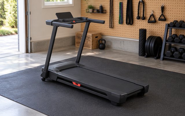 NordicTrack T Series 5 treadmill, in a garage gym on a rubber mat in front of a pegboard wall, its screen off