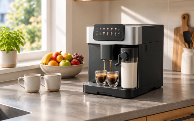 Beko CaffeExperto coffee machine, on a grey worktop in a family kitchen, a fruit bowl and two mugs beside it, morning light