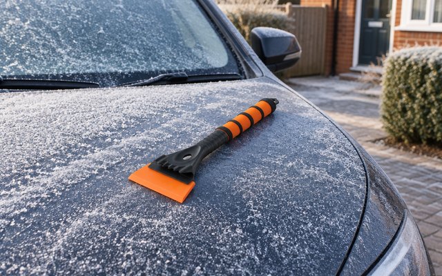 BEEWAY ice scraper, on the frosty bonnet of a car on a British driveway on a winter morning