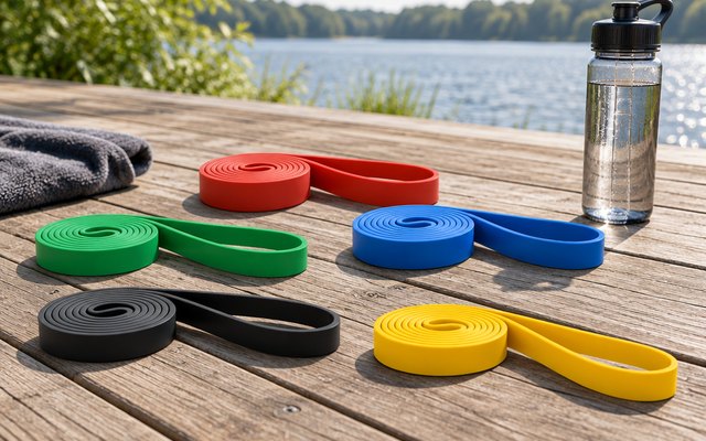 WSAKOUE Pull-Up Assist Bands, Set of 5, on a wooden deck outdoors beside a water bottle