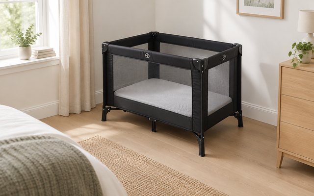 Babylo Alpha travel cot, set up in the corner of a bright spare bedroom with a fitted sheet inside it