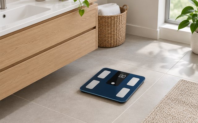 GE Fit Plus LN smart scale, on a bathroom floor beside a vanity