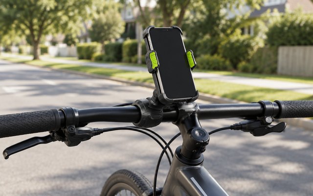 LISEN bike phone holder, clamped to the handlebar of a hybrid bike parked on a quiet suburban street