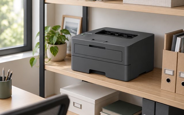 Brother HL-L2400DWE printer, on a home office shelf beside box files