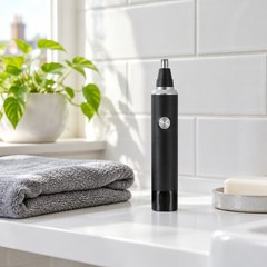 JEETIF 3-in-1 nose hair trimmer, on a bathroom shelf