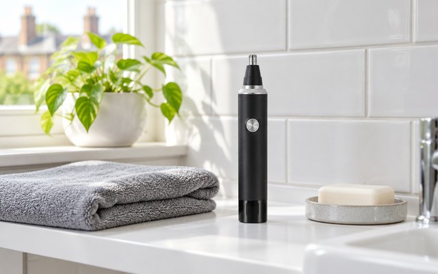 JEETIF 3-in-1 nose hair trimmer, on a bathroom shelf