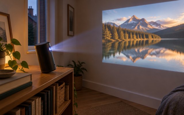 Nebula Capsule 3 projector, on a bookshelf in a British spare room, a nature film projected on the bare wall