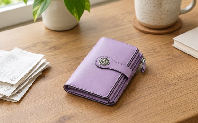 Travelambo trifold wallet, on a home desk beside a small stack of paper receipts